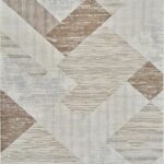 Beige geometric pattern carpet with lines and shapes.