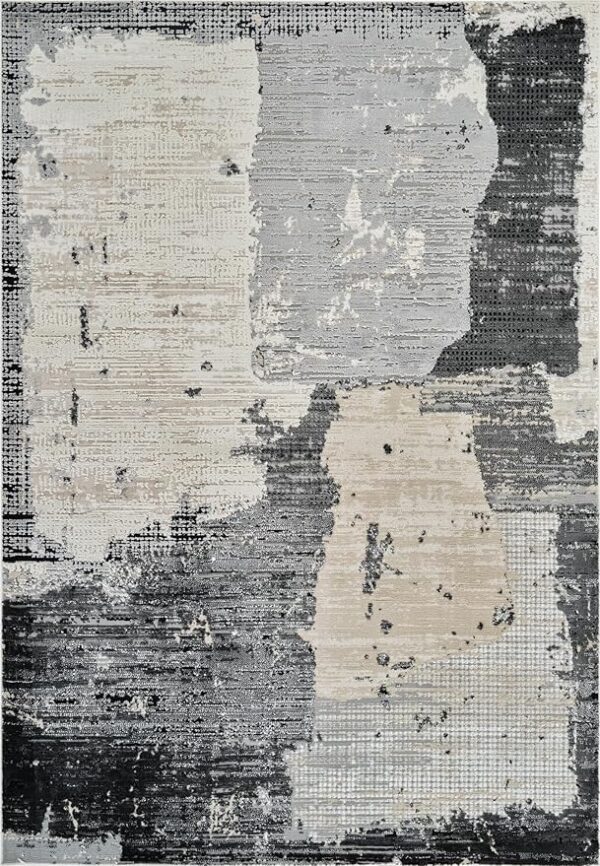 Abstract modern rug with neutral tones and textures.