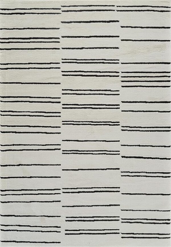 Abstract striped pattern on a beige rug.