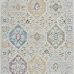 Patterned rug with colorful geometric designs.