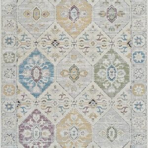 Patterned rug with colorful geometric designs.