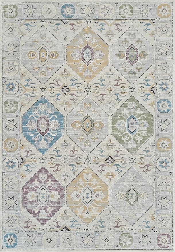 Patterned rug with colorful geometric designs.