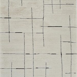 Modern rug with black geometric lines on beige background.