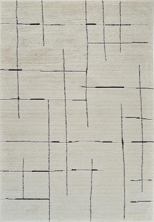 Modern rug with black geometric lines on beige background.
