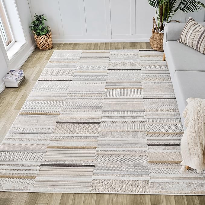 Patterned beige rug in cozy living room setting.