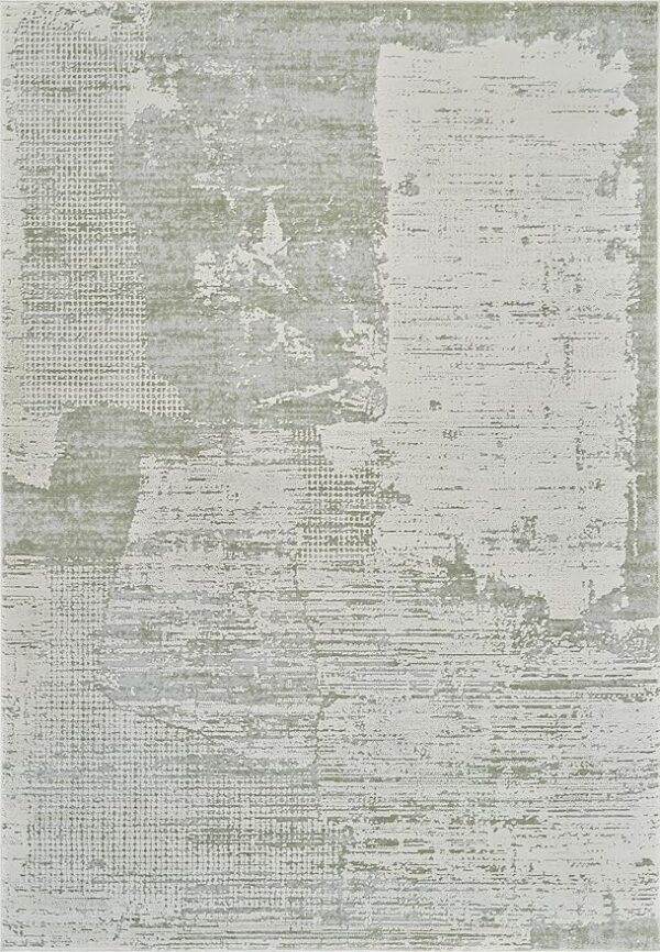 Abstract green and beige textured rug design.