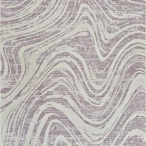 Abstract wavy pattern on gray and pink rug.