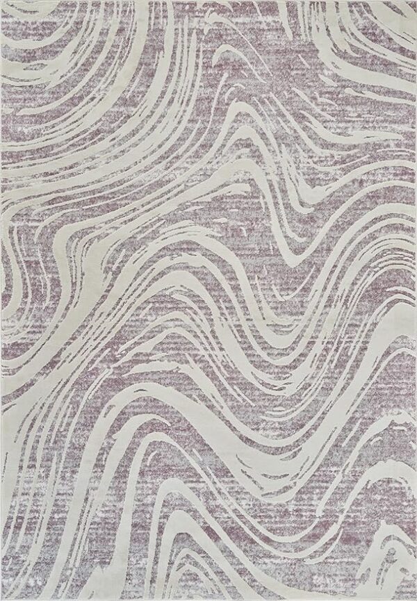 Abstract wavy pattern on gray and pink rug.
