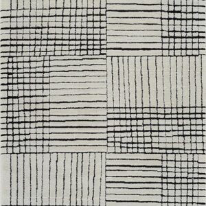 Geometric black and white checkered rug pattern.