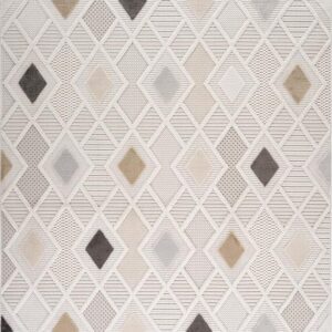 Geometric pattern rug with textured diamond shapes.