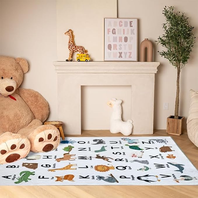 Children's playroom with alphabet animal rug.
