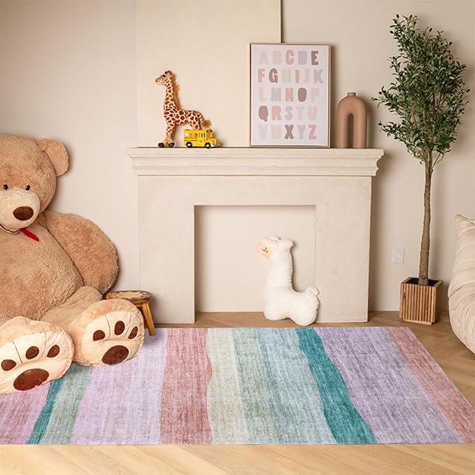 Cozy kids' room with toys and colorful rug.