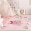 Pink children's rug with castle and animal illustrations.