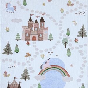 Fantasy map with castles, unicorns, rainbow, trees.
