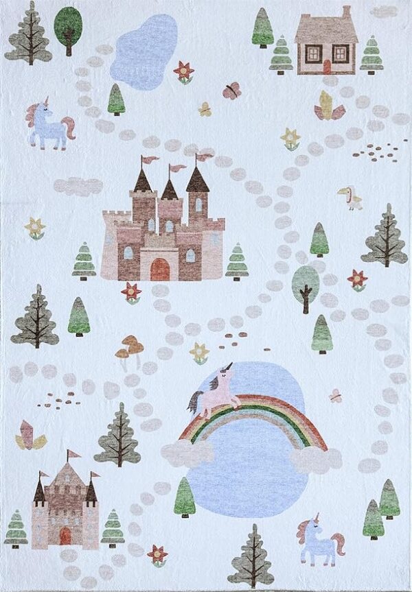 Fantasy map with castles, unicorns, rainbow, trees.