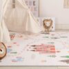 Kids playroom with tent and animal illustrations.