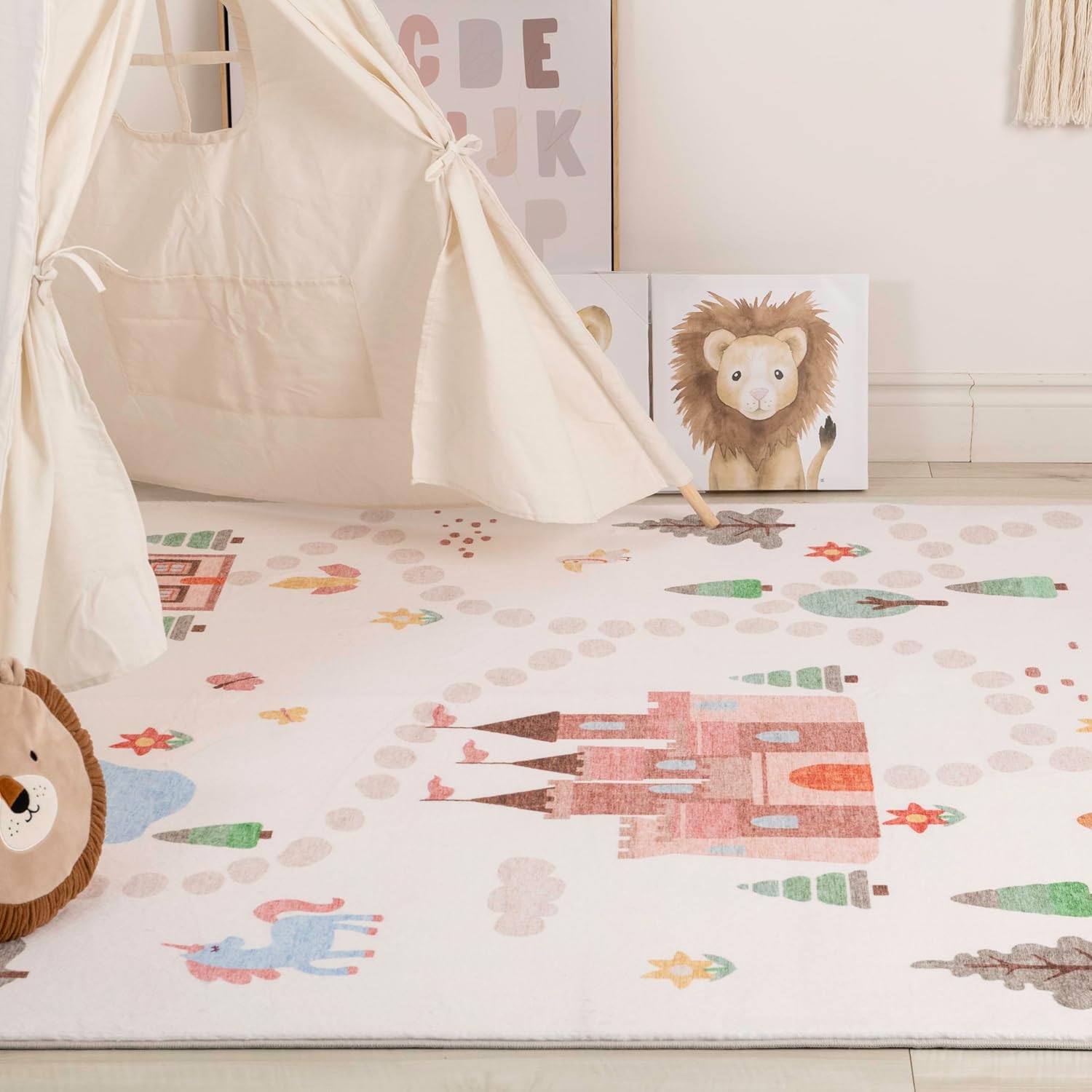 Kids playroom with tent and animal illustrations.
