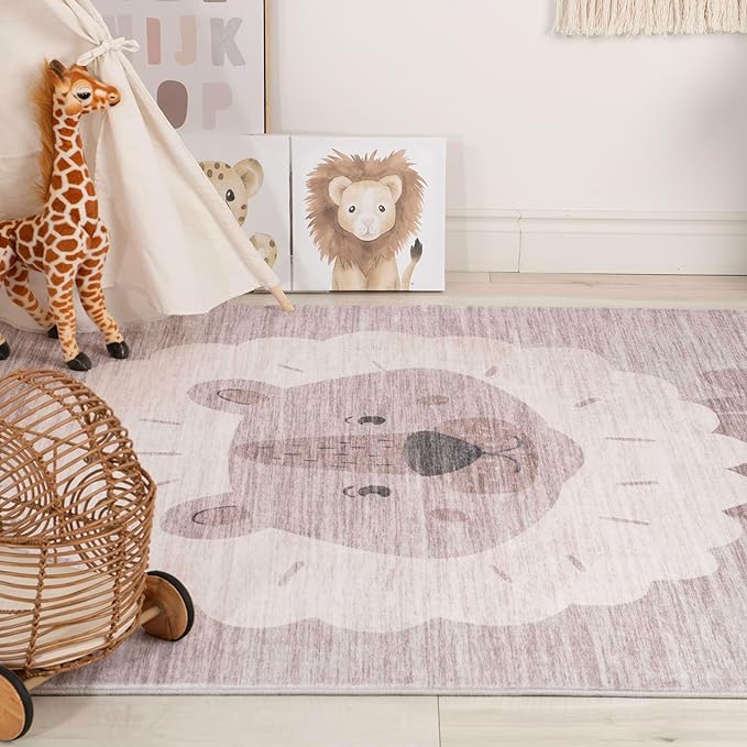 Nursery decor with giraffe toy and lion rug.