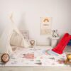 Playroom with tent, slide, and animal toys.