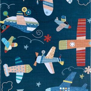 Colorful airplanes pattern on blue background.