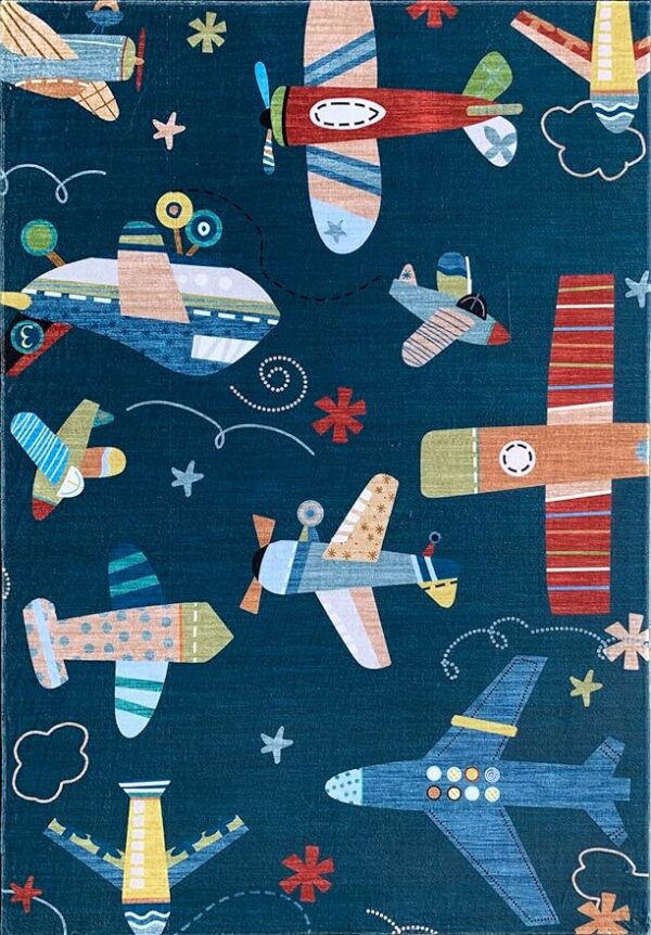 Colorful airplanes pattern on blue background.