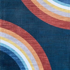 Colorful rainbow arcs on textured blue background