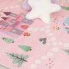 Pink playmat with castle and tree illustrations.