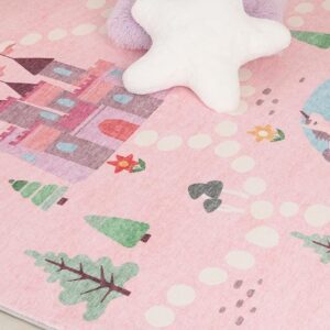 Pink playmat with castle and tree illustrations.