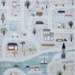 Illustrated map with roads, houses, trees, river, vehicles.