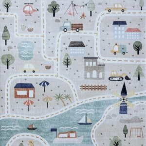 Illustrated map with roads, houses, trees, river, vehicles.