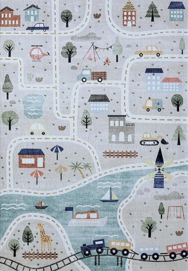 Illustrated map with roads, houses, trees, river, vehicles.
