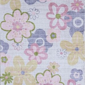 Colorful floral pattern with large flowers and circles.