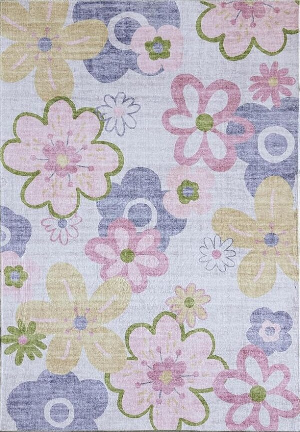 Colorful floral pattern with large flowers and circles.