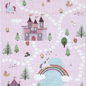 Whimsical castle scene with unicorns and rainbow