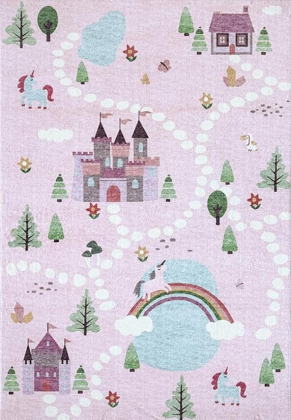 Whimsical castle scene with unicorns and rainbow