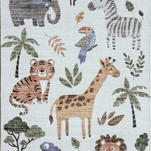 Colorful illustrated jungle animals and leaves pattern.