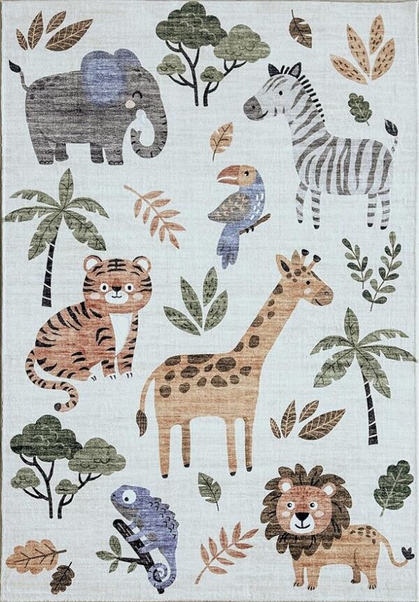 Colorful illustrated jungle animals and leaves pattern.