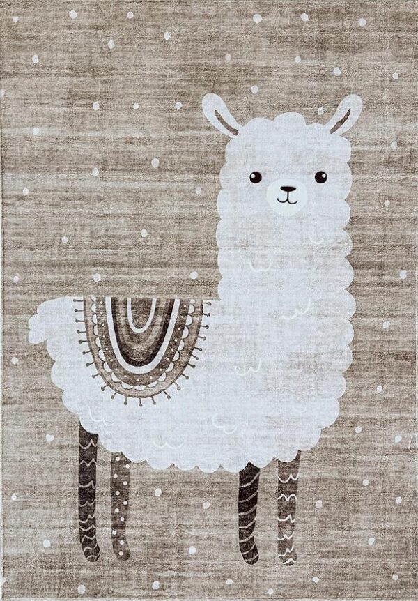 Cute llama design on beige rug.