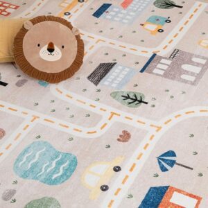 Children's play mat with roads and lion pillow.