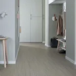 Modern minimalist hallway with storage cabinets.