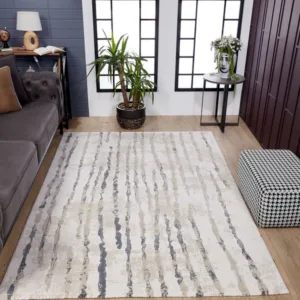 Modern living room with striped area rug.