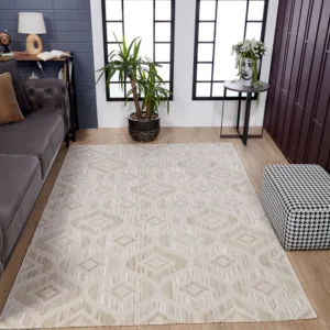 Modern living room with geometric patterned rug.