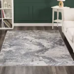 Modern gray area rug on wooden floor