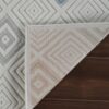 Geometric pattern rug on hardwood floor.
