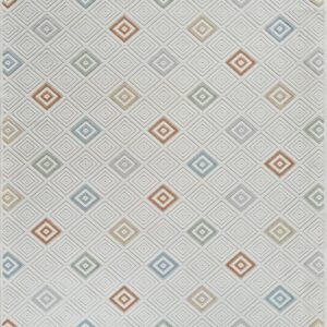 Geometric diamond pattern rug with pastel colors.