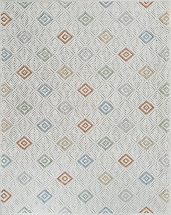 Geometric diamond pattern rug with pastel colors.