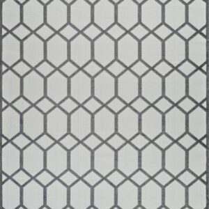 Gray geometric pattern rug with diamond shapes.