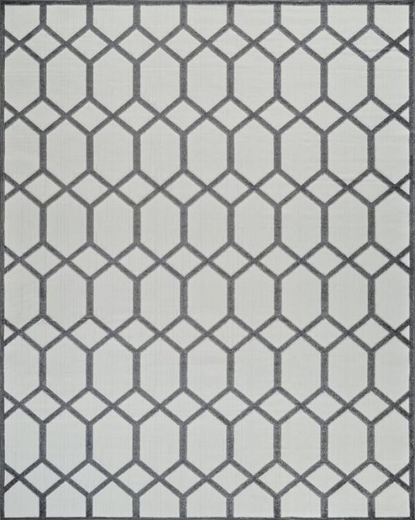 Gray geometric pattern rug with diamond shapes.