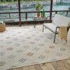 Outdoor patio with geometric pattern rug and seating.