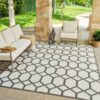 Outdoor patio with geometric patterned rug.